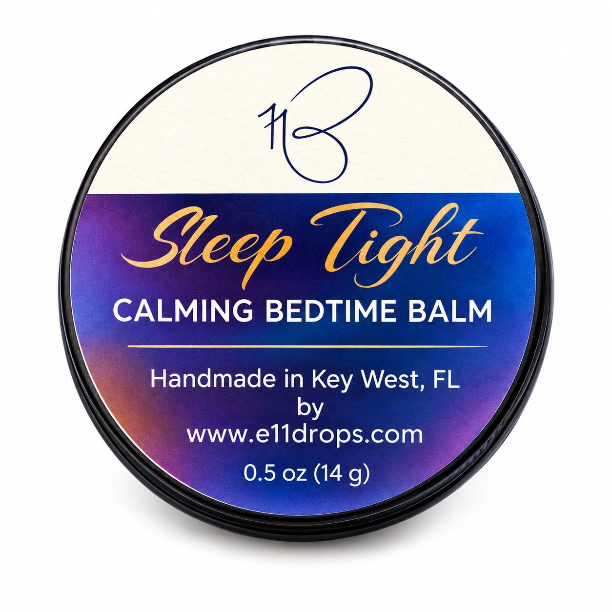 Sleep Tight calming bedtime balm tin, handmade by E11DROPS in Key West, FL
