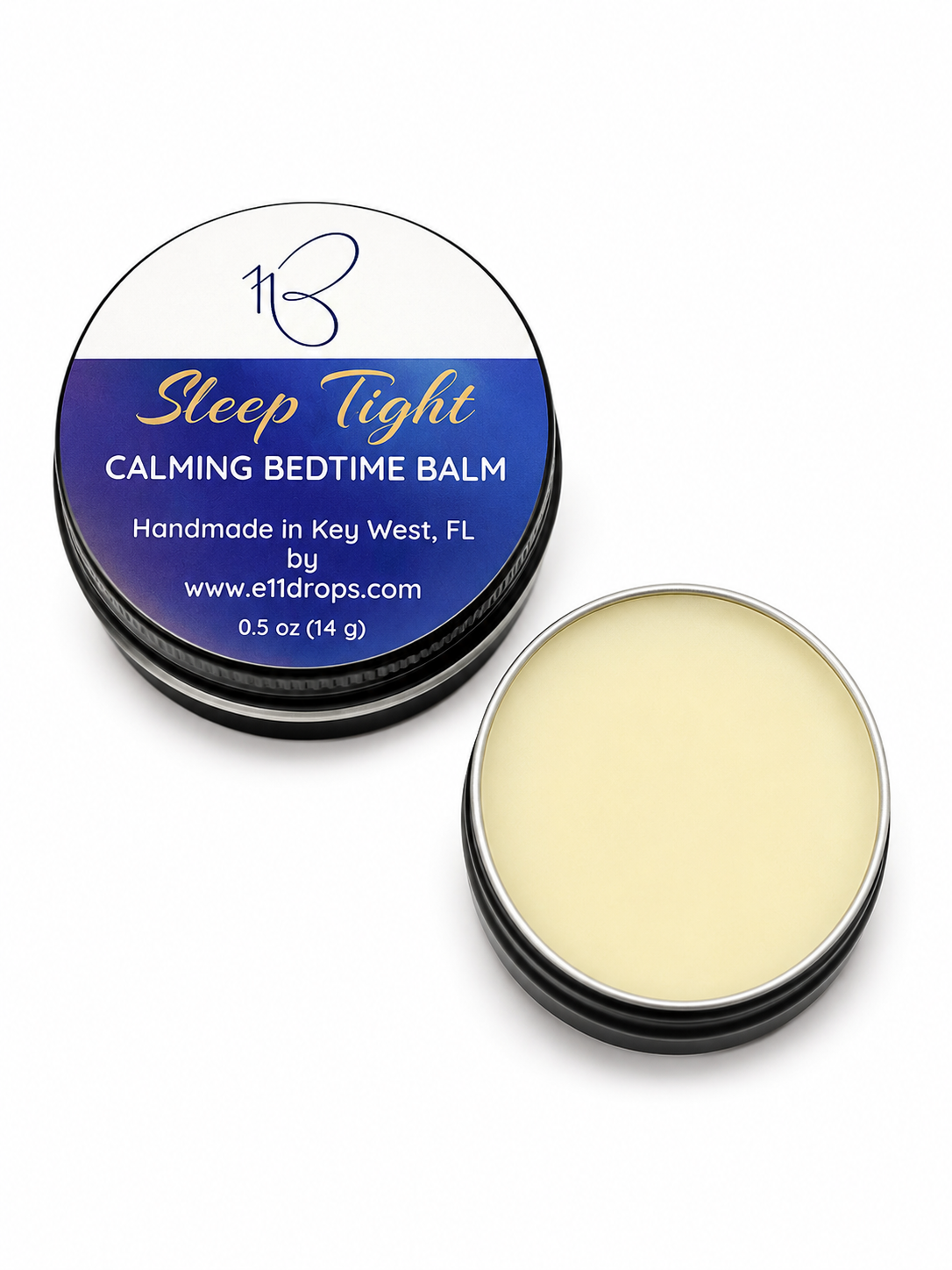 Sleep Tight calming bedtime balm tin, open and closed, handmade by E11DROPS in Key West, FL