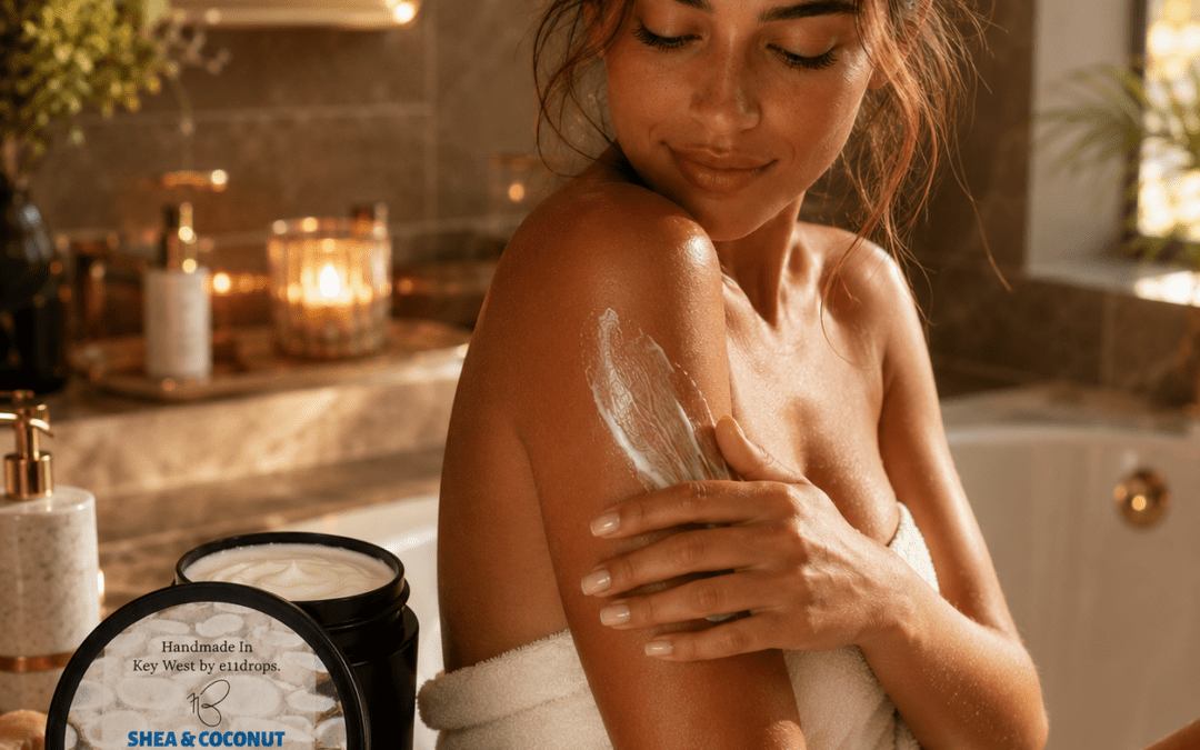 Shea coconut body lotion applied to skin, woman moisturizing after bath