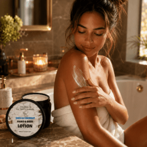 Shea coconut body lotion applied to skin, woman moisturizing after bath