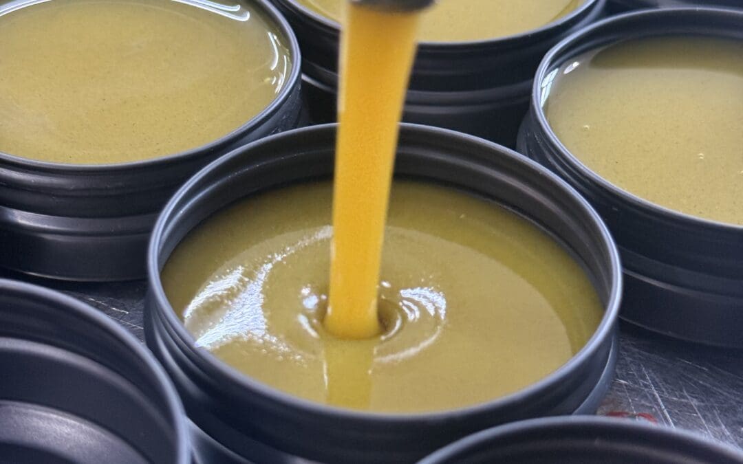 Pouring handmade herbal balm into jars during the Babo's Balm making process