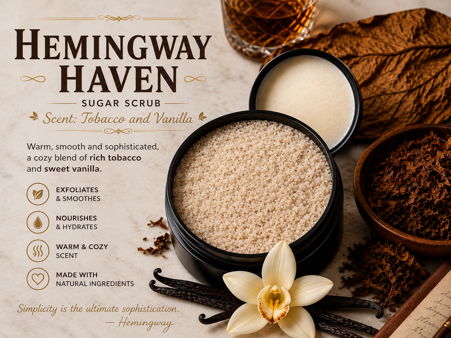 Hemingway Haven whipped sugar scrub soap with tobacco leaves and vanilla flower