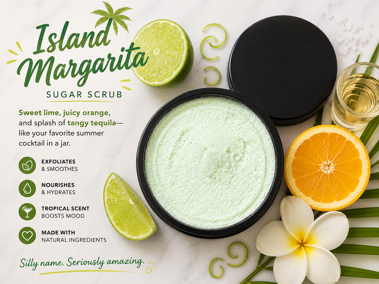 Island Margarita whipped sugar scrub soap in green with lime, orange, and tequila