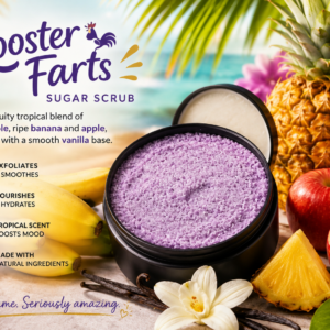 Rooster Farts whipped sugar scrub soap in purple with pineapple, banana, and apple
