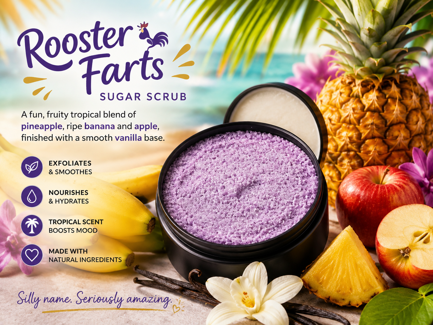 Rooster Farts whipped sugar scrub soap in purple with pineapple, banana, and apple